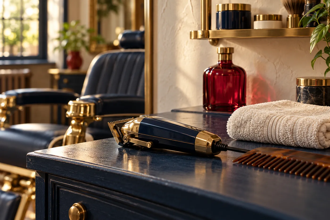 Illustrative close-up of a navy counter with clippers, a folded towel and a red bottle (not a photo of the shop)