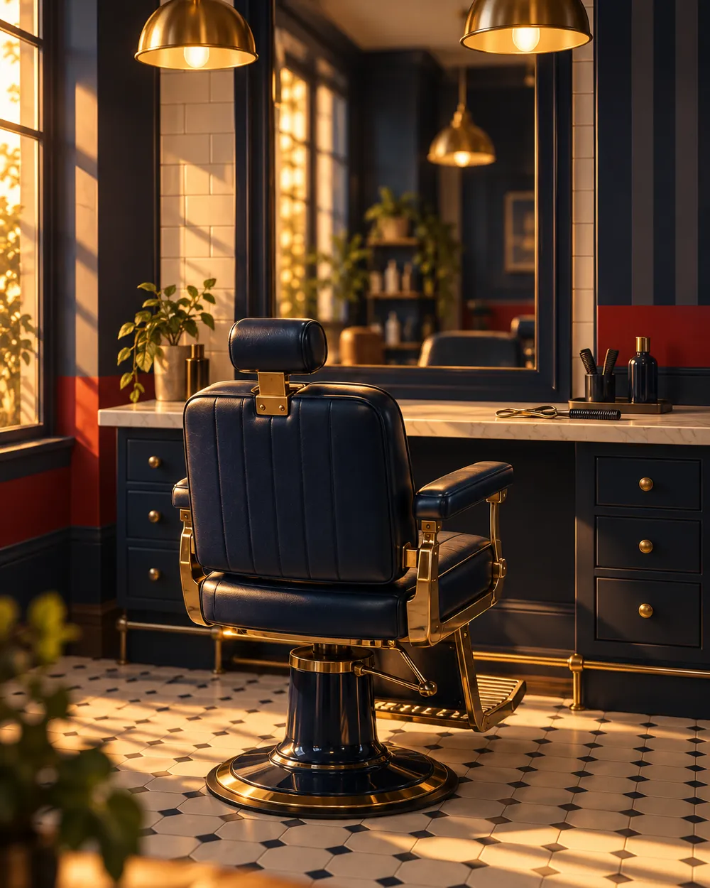Illustrative stylised barbershop interior with a navy leather chair, brass pendant lights and a tiled floor (not a photo of the shop)