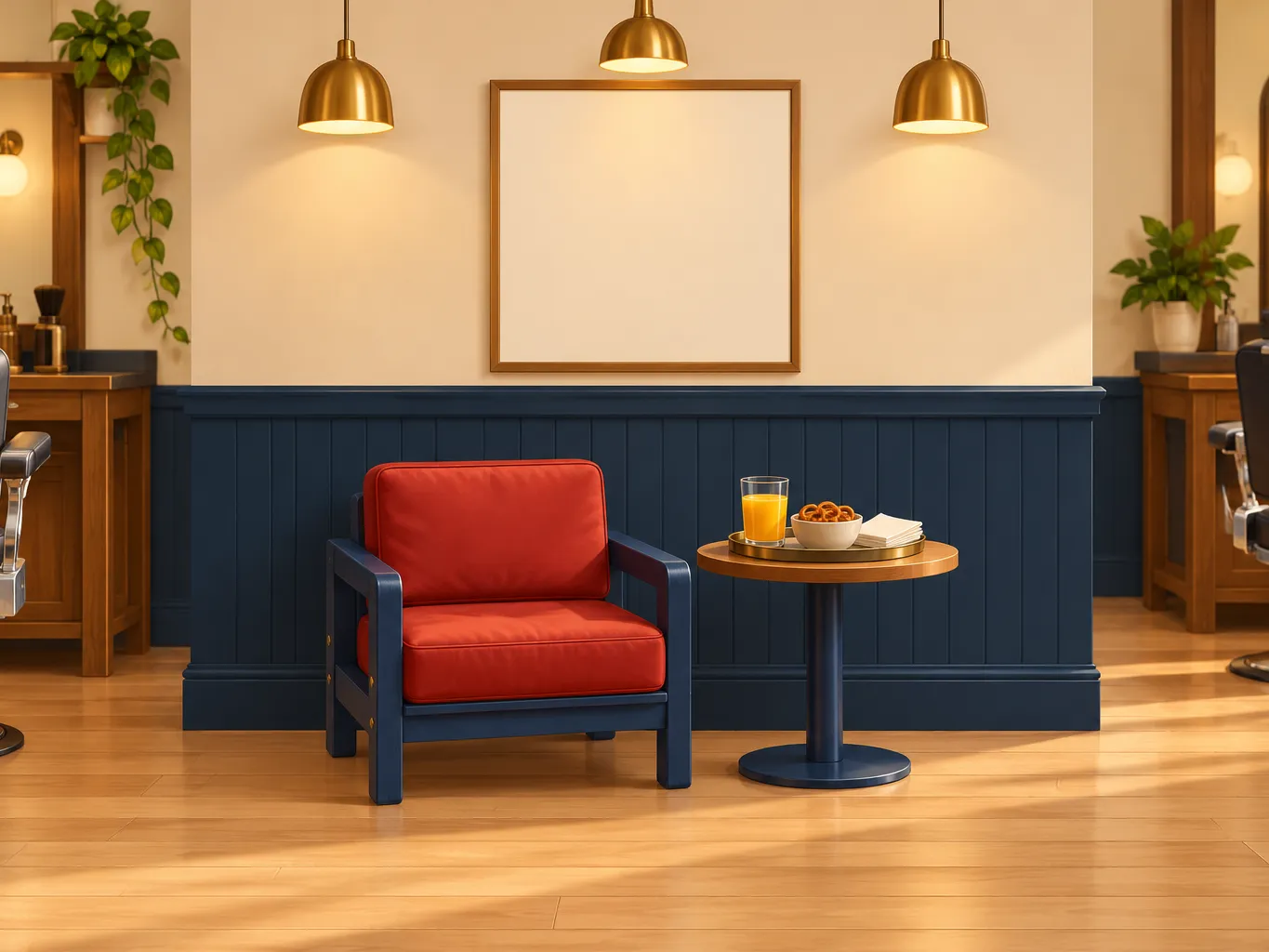 Illustrative waiting area with a red armchair, a small table with a drink and a snack tray (not a photo of the shop)